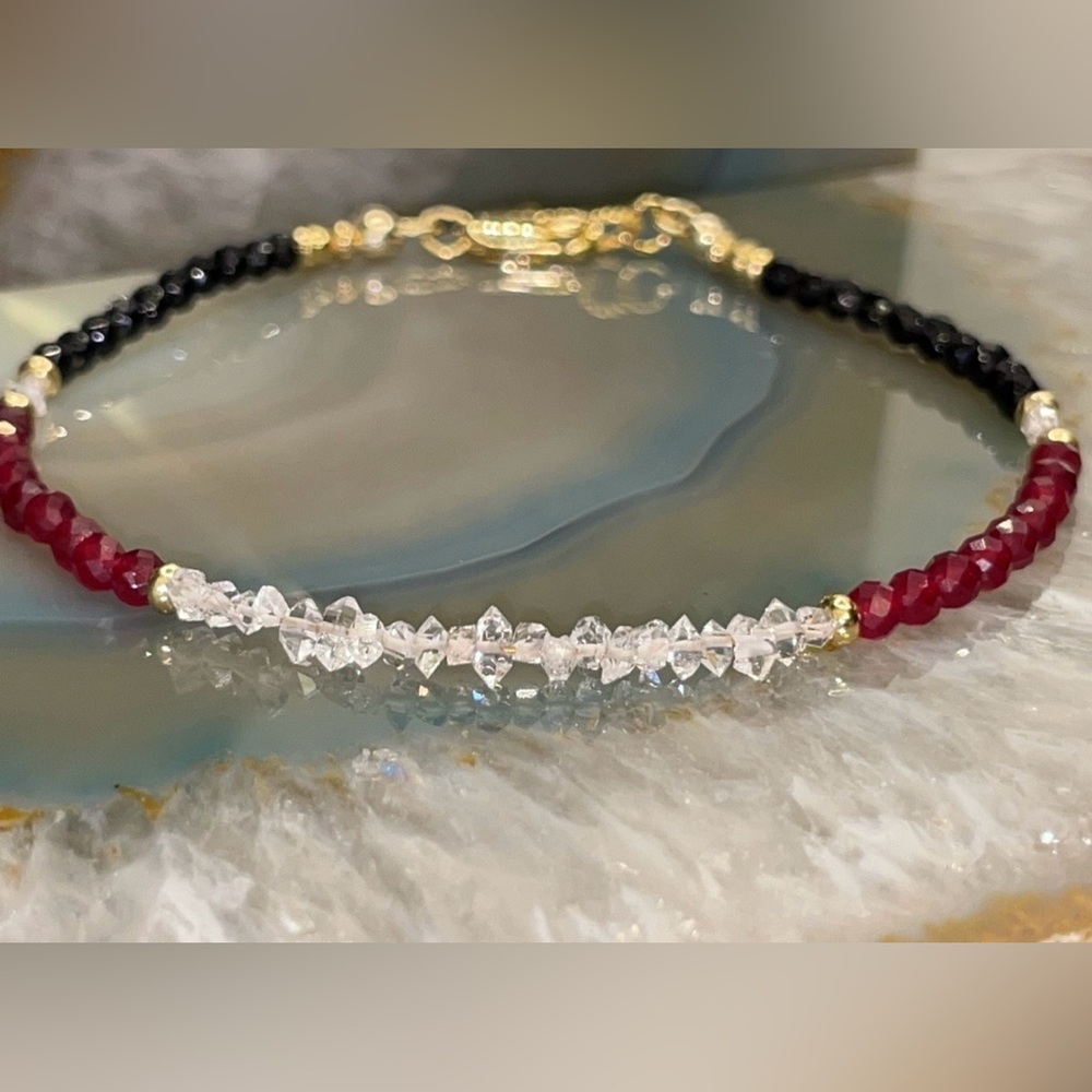 Herkimer Diamond,  Black Spinel, Ruby Bracelet 18kt Gold Vermeil Beads and Clasp